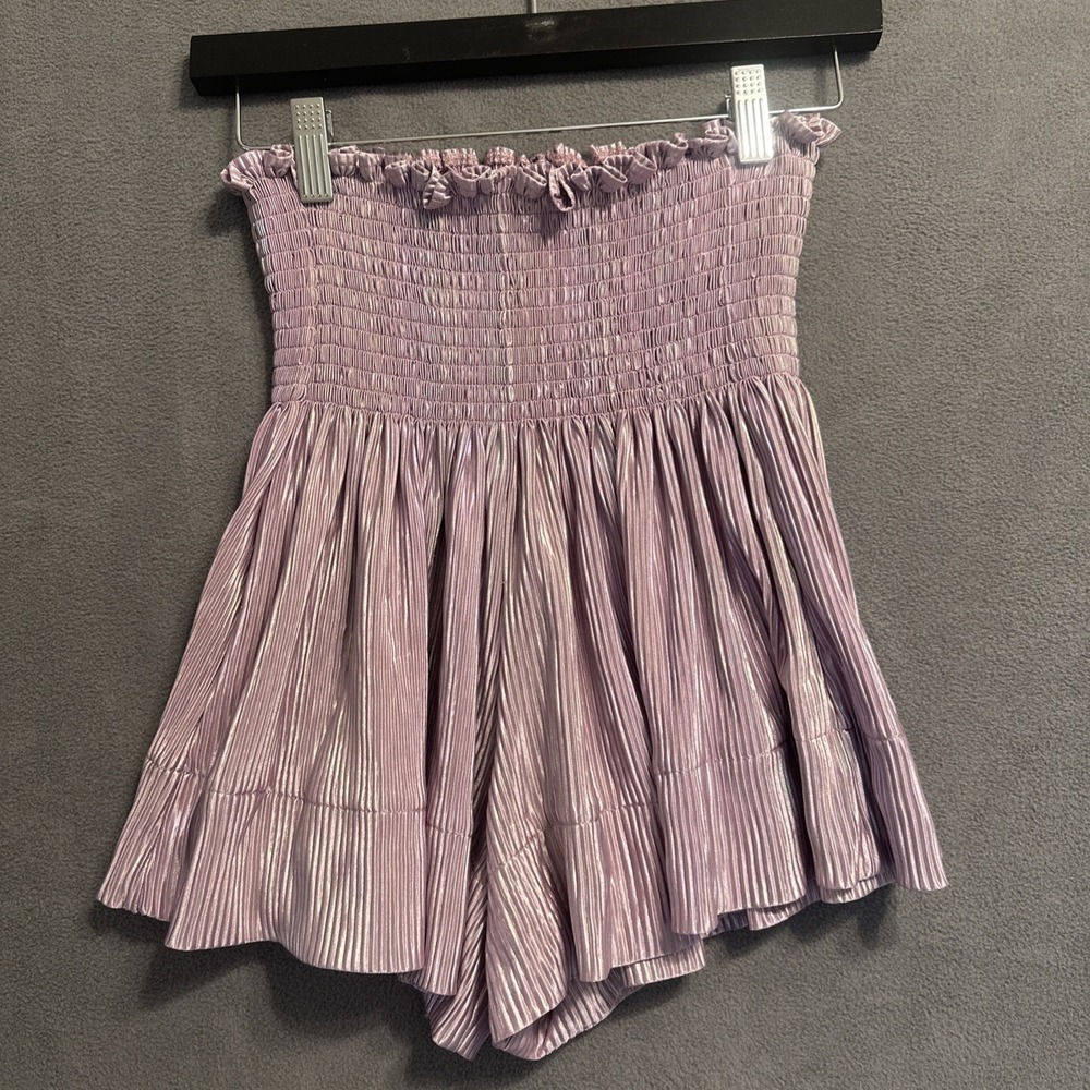 Queen Of Sparkles Smocked High Waist Pleat Swing Shorts Size M Lavender Silver